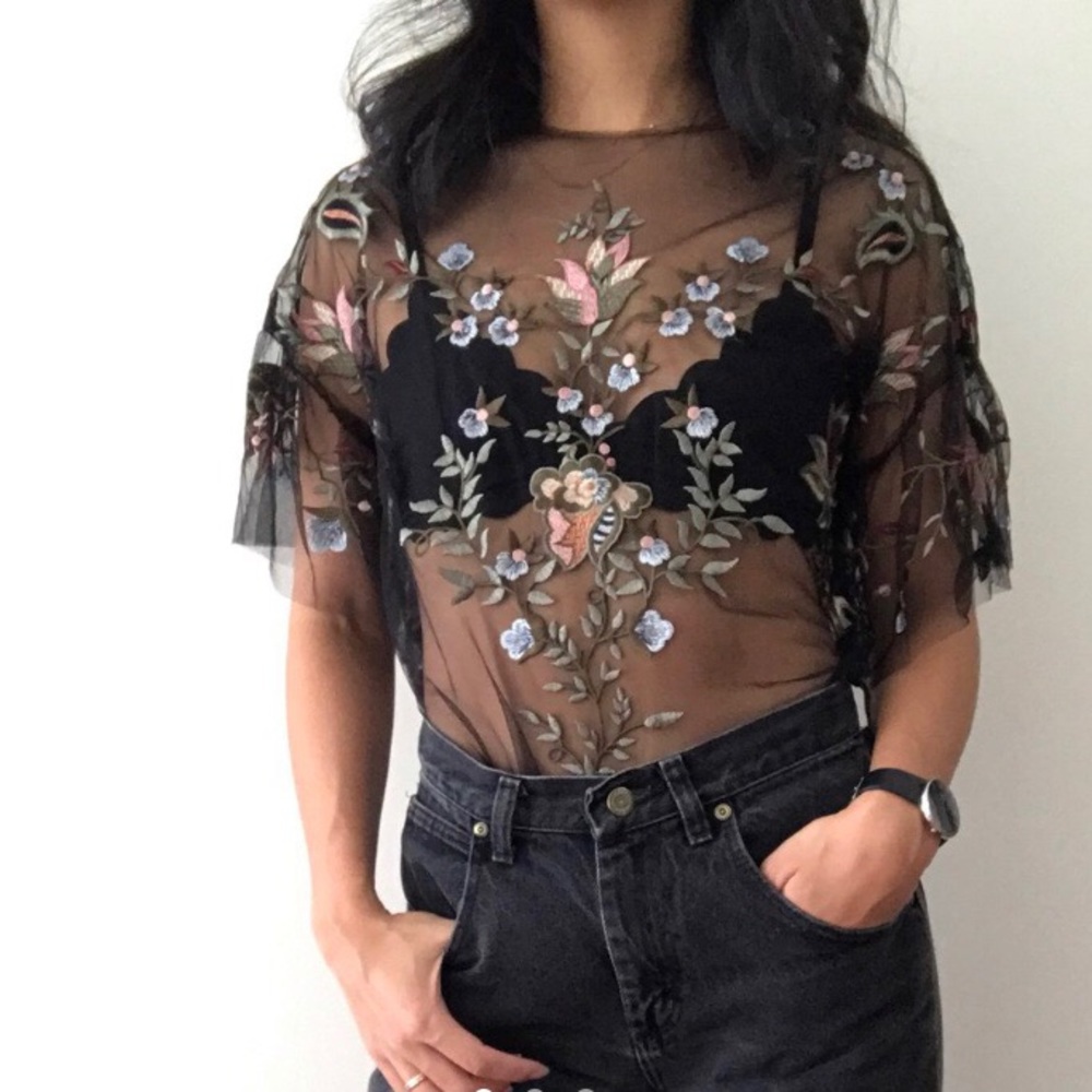 Zara floral embroidered black sheer blouse Size S